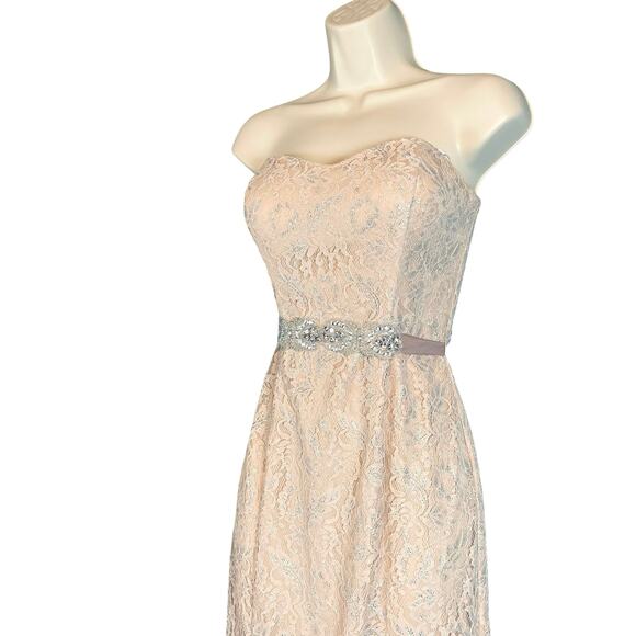 Betsy & Adam Shimmering Lace Gown Strapless Maxi Dress Light Peach Belted Size 4 - Picture 5 of 8